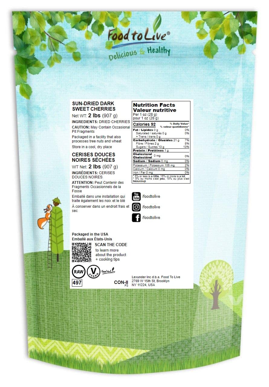Food To Live Sun-Dried Dark Sweet Cherries, 2 Pounds - Unsweetened Whole Raw Pitted Fruits, Unsulfured, No Added Oil, Sugar Or P