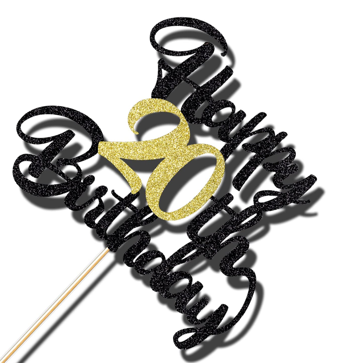 Klionjor Happy Birthday Cake Topper - Black Gold Glitter, Cardboard, 20th Birthday Decoration