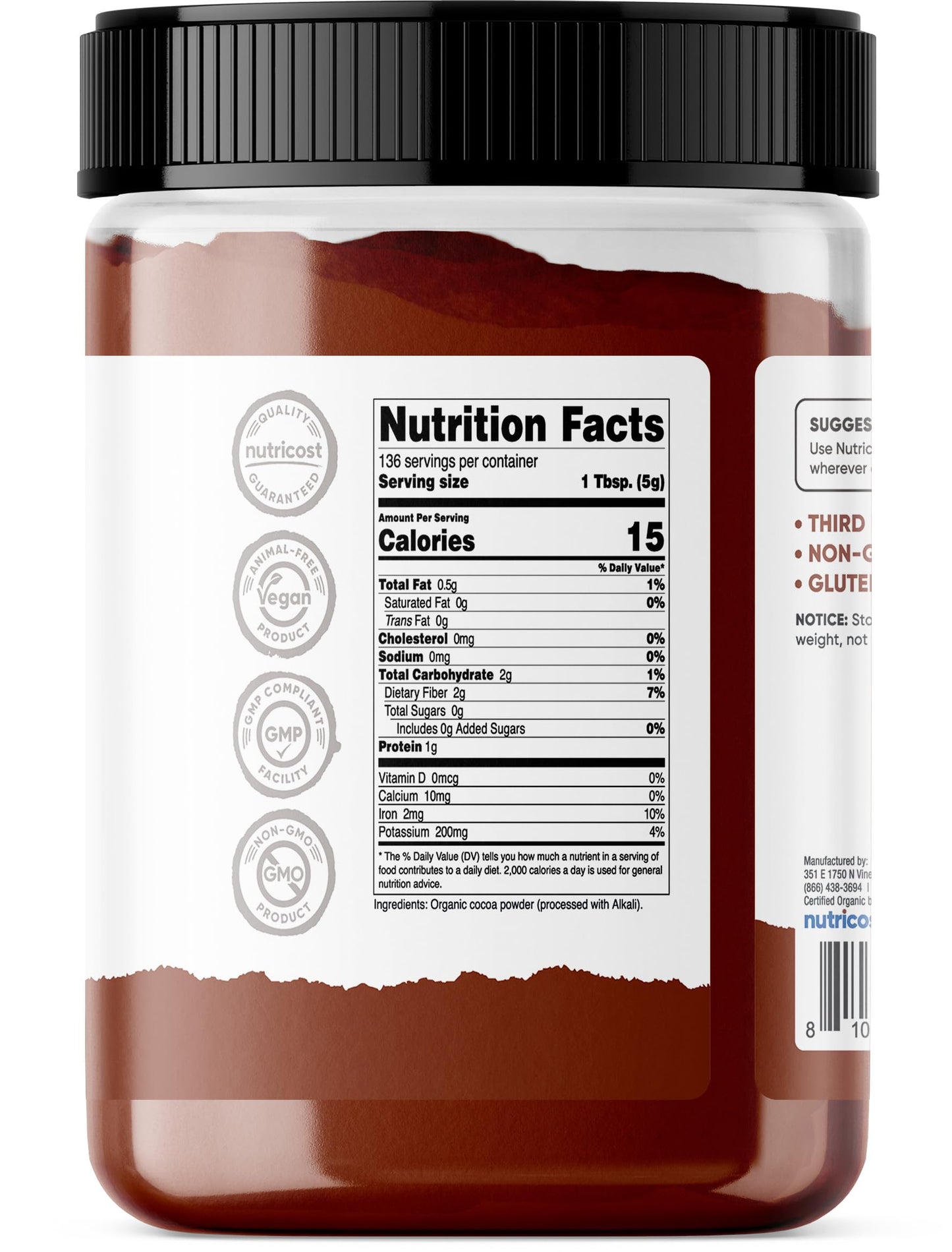 Nutricost Pantry Organic Cocoa Powder (1.5 Pounds Per Bottle) Non GMO  Gluten Free  Vegan  Baking Powder