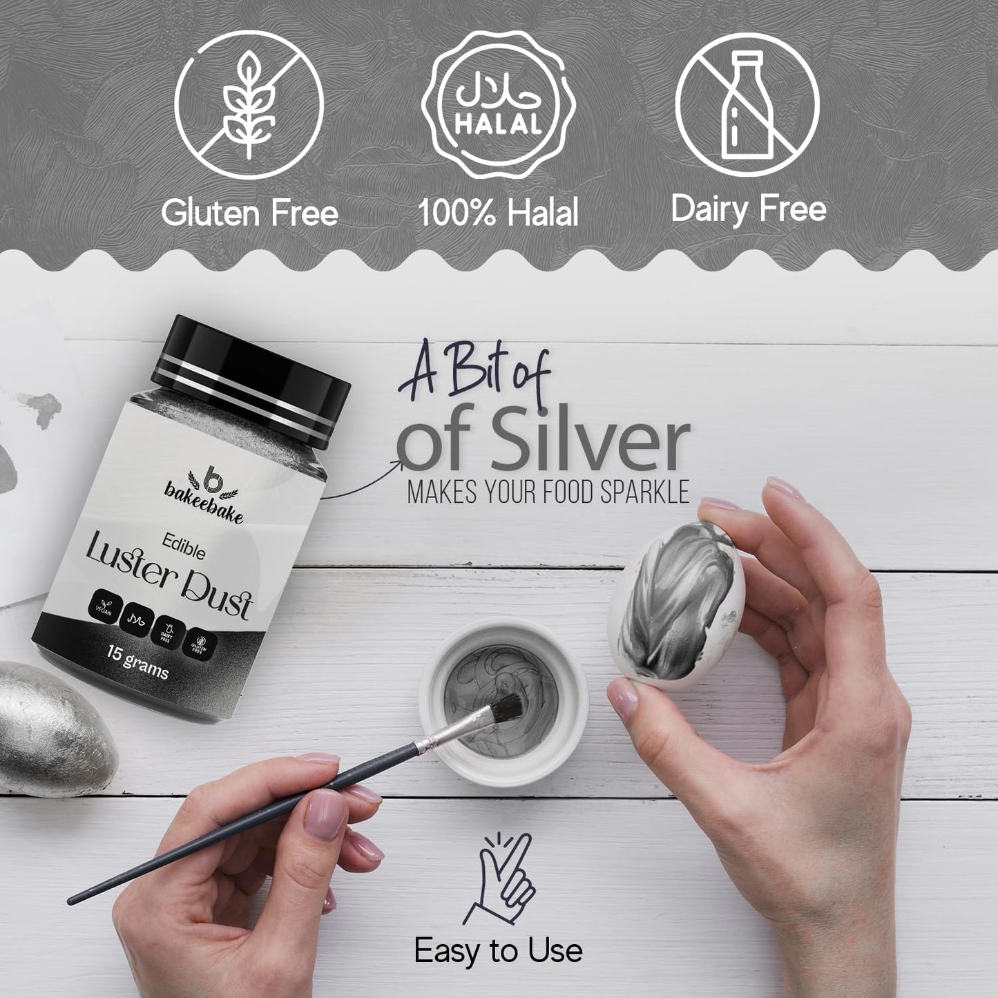 Bakeebake Edible Silver Glitter Dust for Cake Decorating - 15g - Vegan, Gluten Free