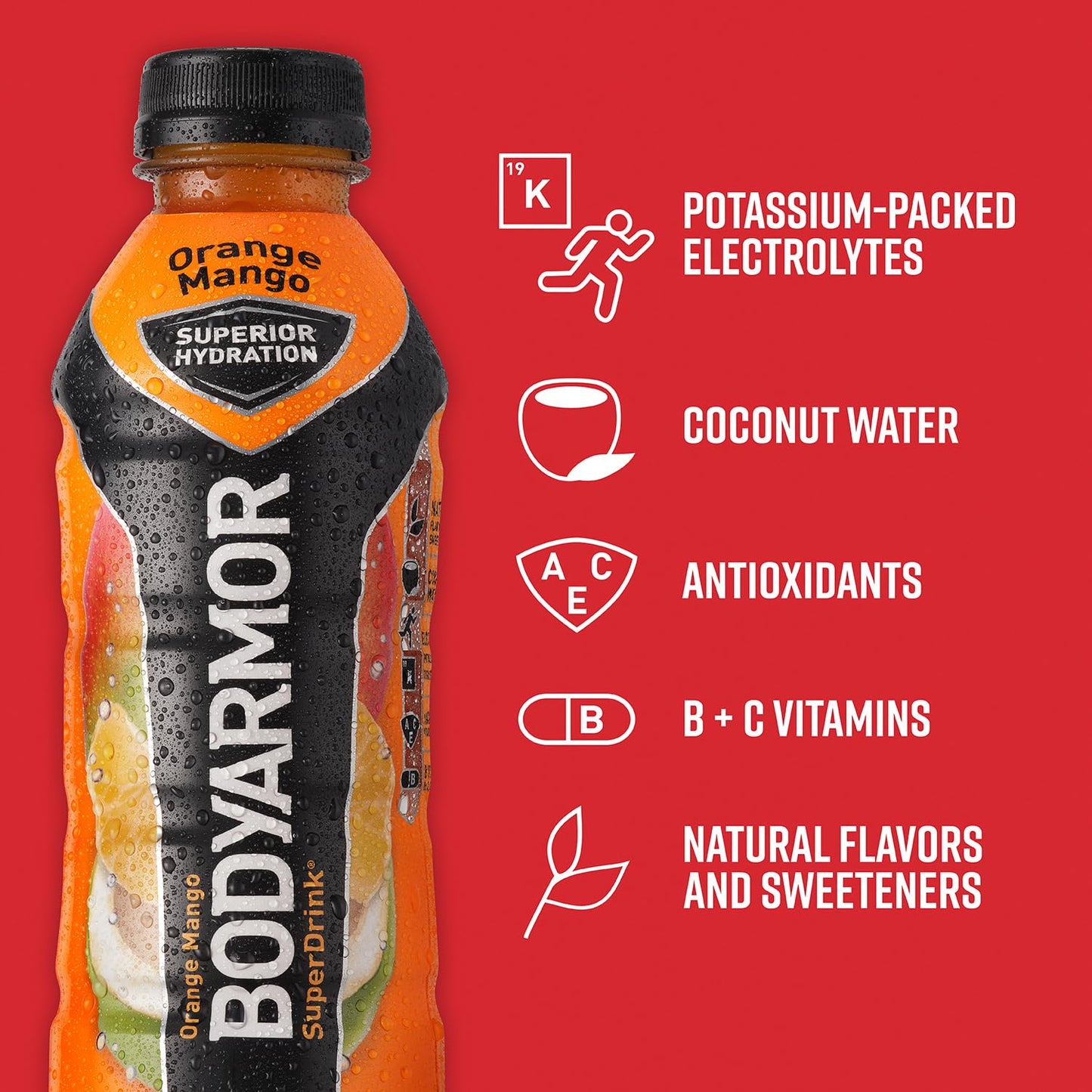 Bodyarmor Sports Drink Sports Beverage, Orange Mango, Coconut Water Hydration, Natural Flavors With Vitamins, Potassium-Packed Electrolytes, Perfect For Athletes, 16 Fl Oz (Pack Of 12)