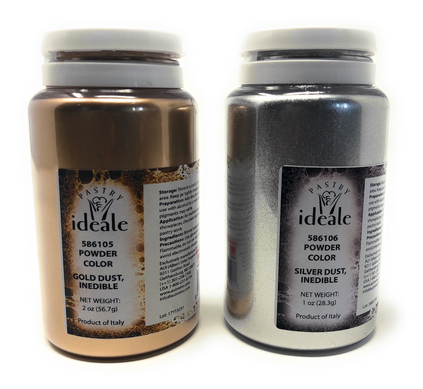 Pastry Ideale Gold Dust & Silver Dust Set - 3oz, Inedible Edible Decoration, Gold & Silver Colors