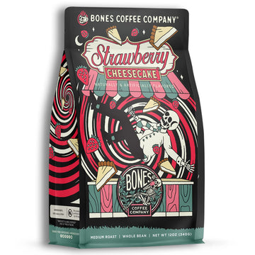 Bones Coffee Company Strawberry Cheesecake Whole Coffee Beans, Low Acid Flavored Coffee, Made With Arabica Coffee Beans, Medium Roast Gourmet Coffee, Coffee Lover Gift Ideas (12 Oz)