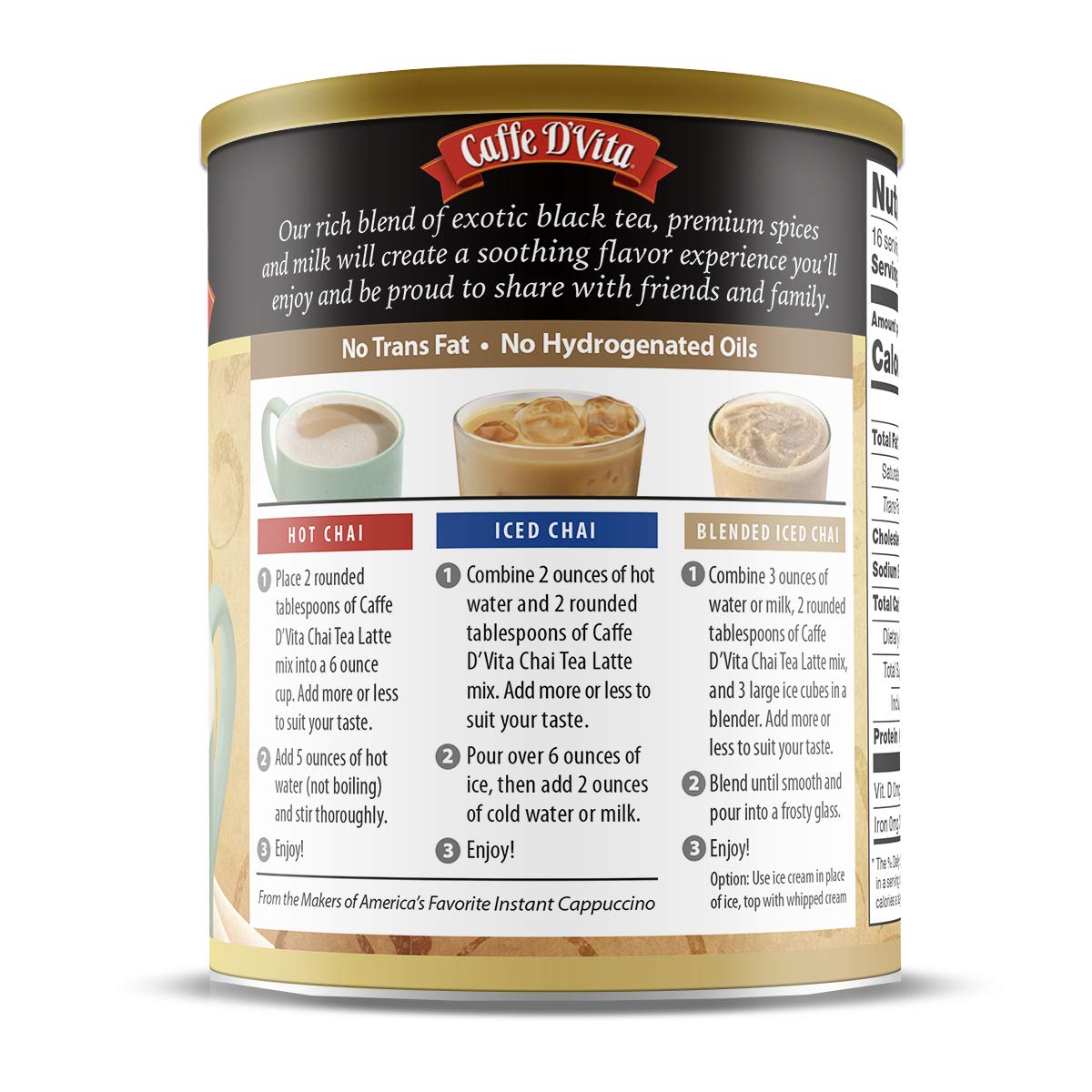 Caffe D'Vita Spiced Chai Latte Mix - Chai Tea Latte Powder Mix, Gluten Free, Chai Tea Powder, No Cholesterol, No Hydrogenated Oi