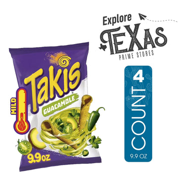 Takis Guacamole Essentials Bundle - 4-Pack Hot Chili Pepper Rolled Tortilla Chips, 9.9 oz Bags, 2.25 oz Each