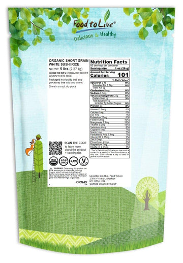 Food To Live Organic Short Grain White Sushi Rice, 5 Pounds - Non-Gmo Japanese Style Perfectly Sticky Rice, Vegan, Bulk. Easy To