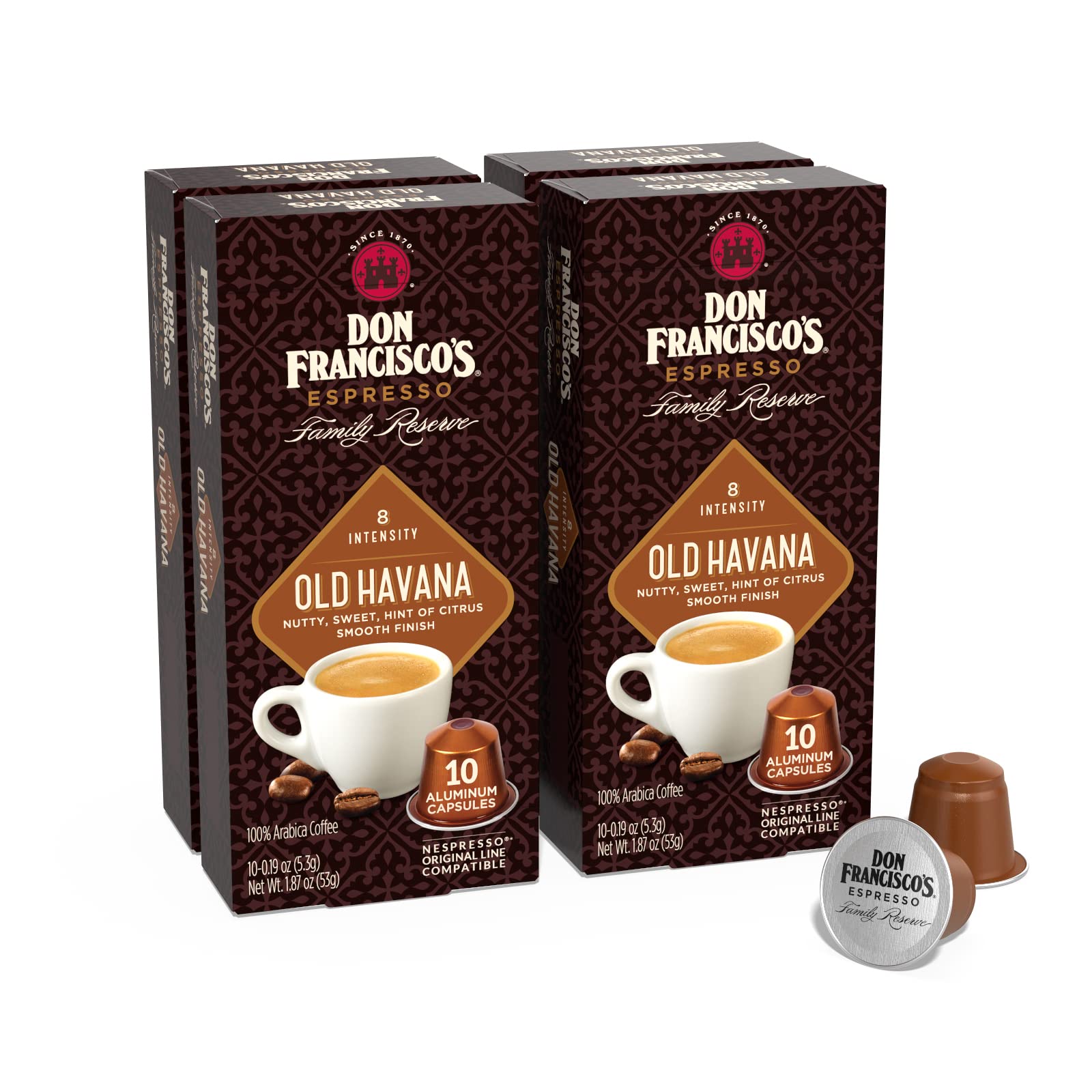Don Franciscos Espresso Pods, 40 Recyclable Aluminum Capsules, Intensity 8 Medium Dark Roast, 10 Count (Pack of 4), Coffee