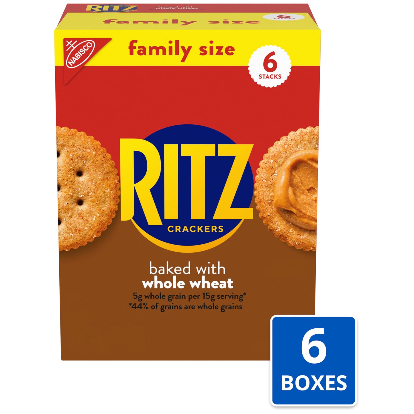 RITZ Whole Wheat Crackers, Snacks for Kids and Adults, Bulk Lunch Snacks, Family Size, 6-19.3 oz Boxes