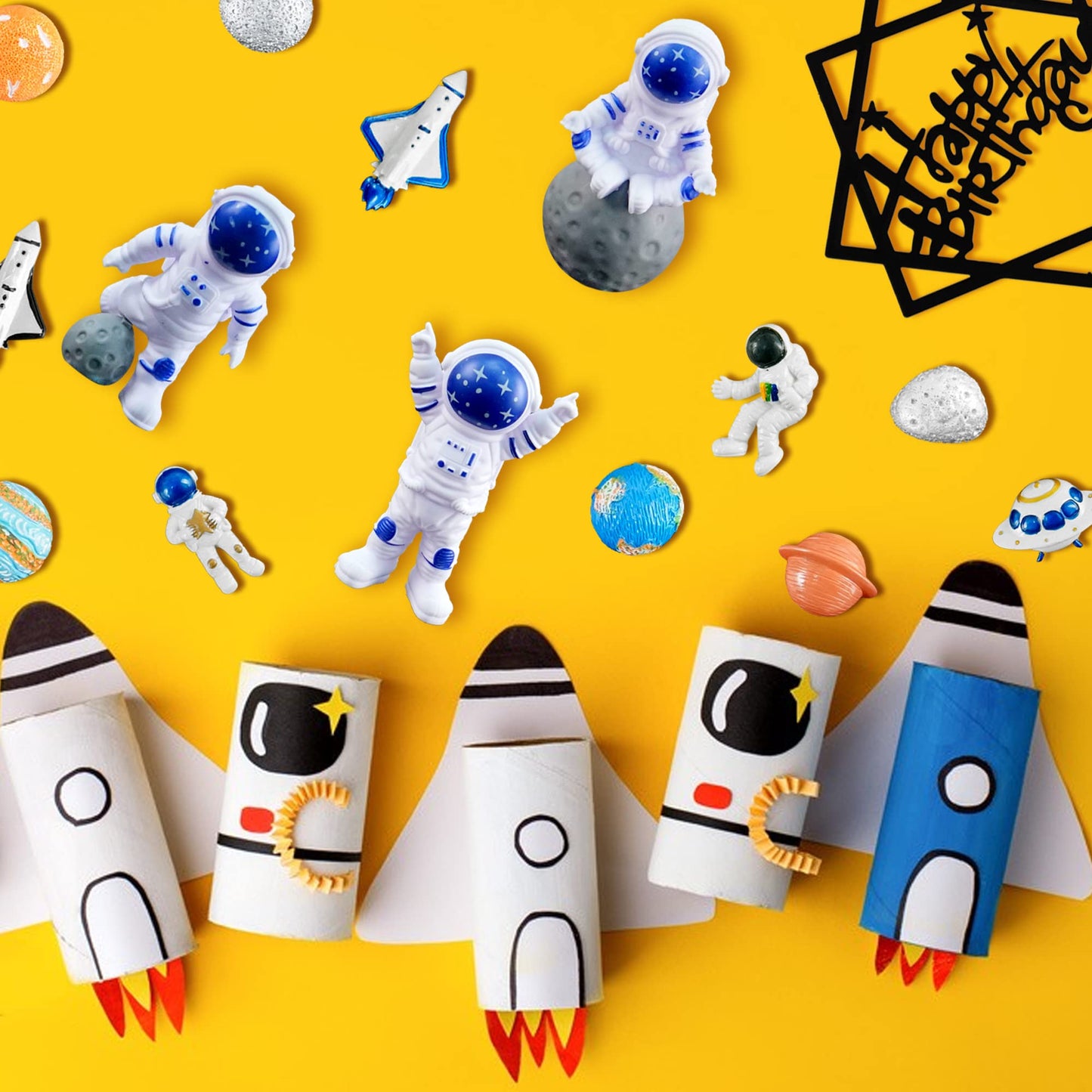 40Pcs Astronaut Space Cake Toppers Outer Space Astronaut Figurine Meteorite Planet Rocket Stars And Gold Silver Ball Space Theme