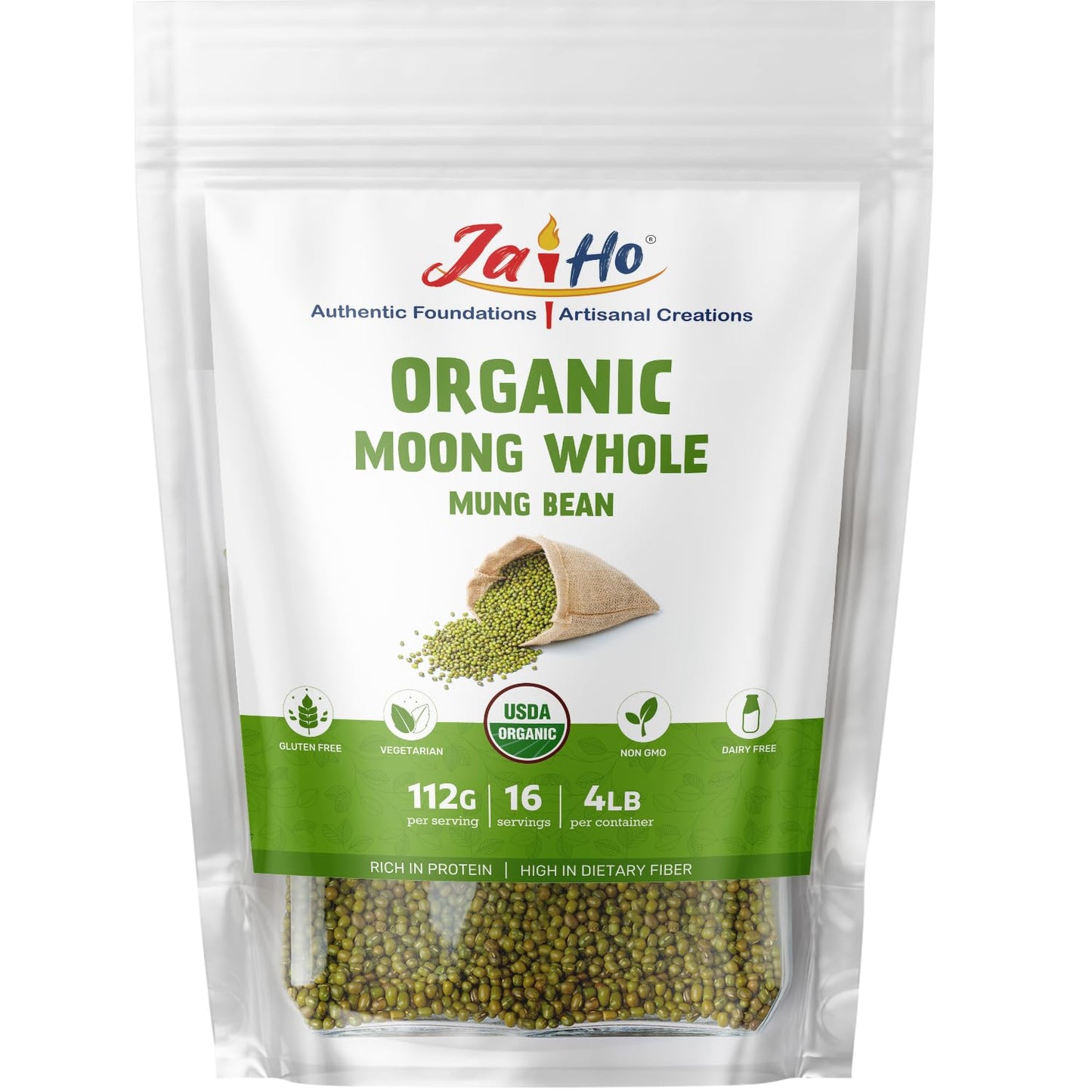 Jai Ho Organic Moong Beans - Whole Mung Beans for Sprouting & Cooking - 64 oz - Non-GMO, Chemical-Free, Kosher