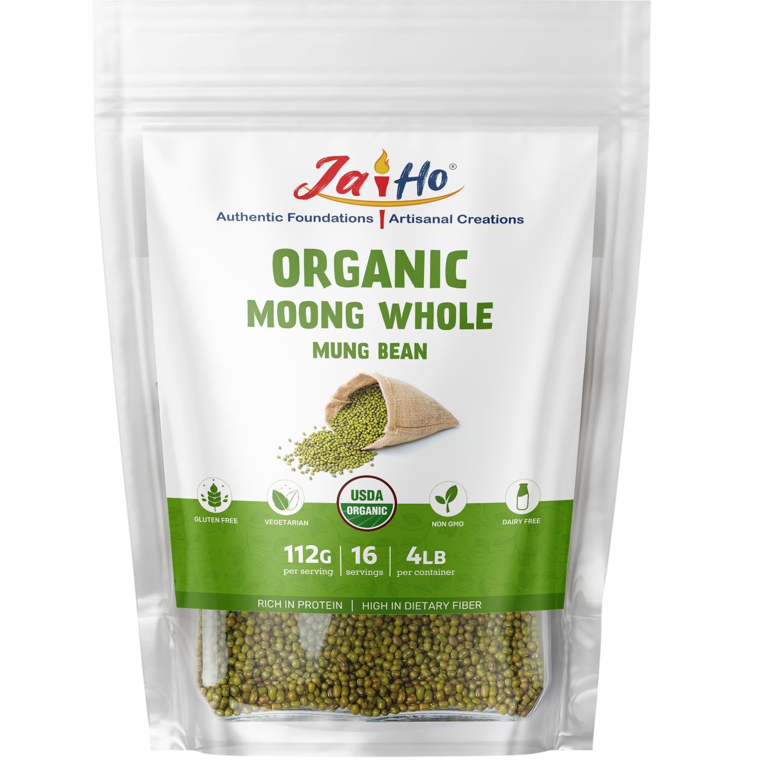 Jai Ho Organic Moong Beans - Whole Mung Beans for Sprouting & Cooking - 64 oz - Non-GMO, Chemical-Free, Kosher