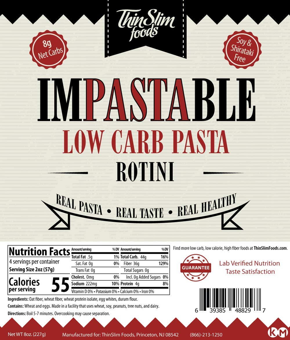 ThinSlim Foods Impastable Low Carb Pasta, Rotini, 8g Net Carbs, 36g Fiber, 8 Ounce (Pack of 2)