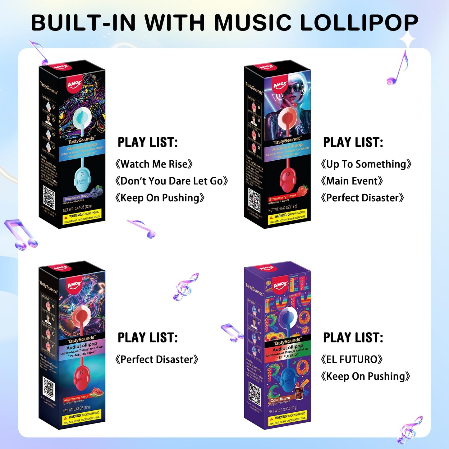 Amos Tastysounds Audio Music Lollipop Candy - Singing Music Lollipop Suckers, Sugar-Free, 4-Pack Variety (Strawberry, Blueberry,