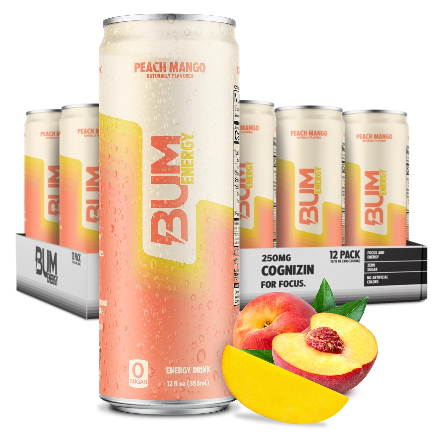 BUM Sugar-Free Energy Drink  Peach Mango - Lightly Carbonated & No Artificial Colors  Natural Caffeine & Citicoline for Energy & Focus  Brain Boost & Workout Sports Beverage - 12 oz  Pack of 12