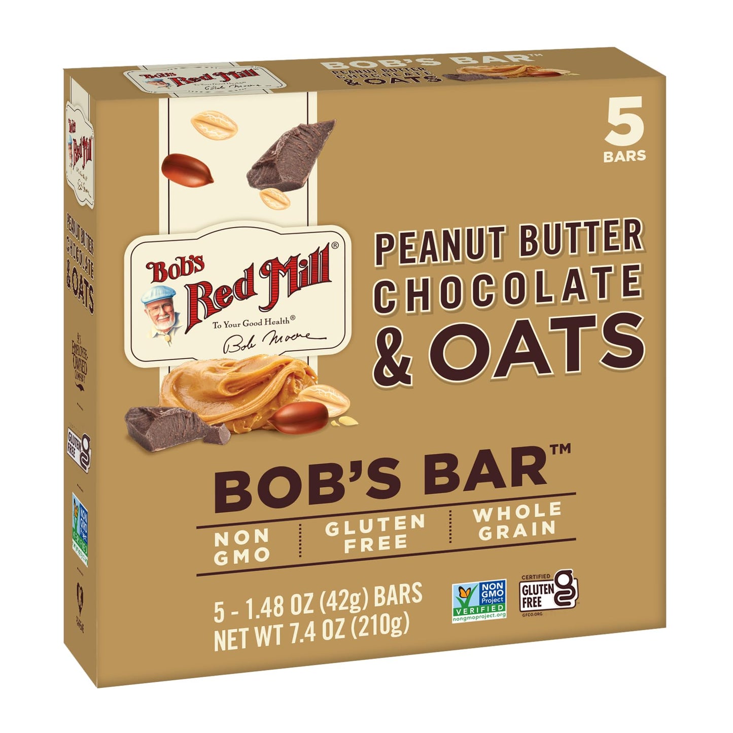 Bobs Red Mill PB Chocolate & Oats Bar - Non GMO, Gluten Free, Kosher, 5 Count (Pack of 1)