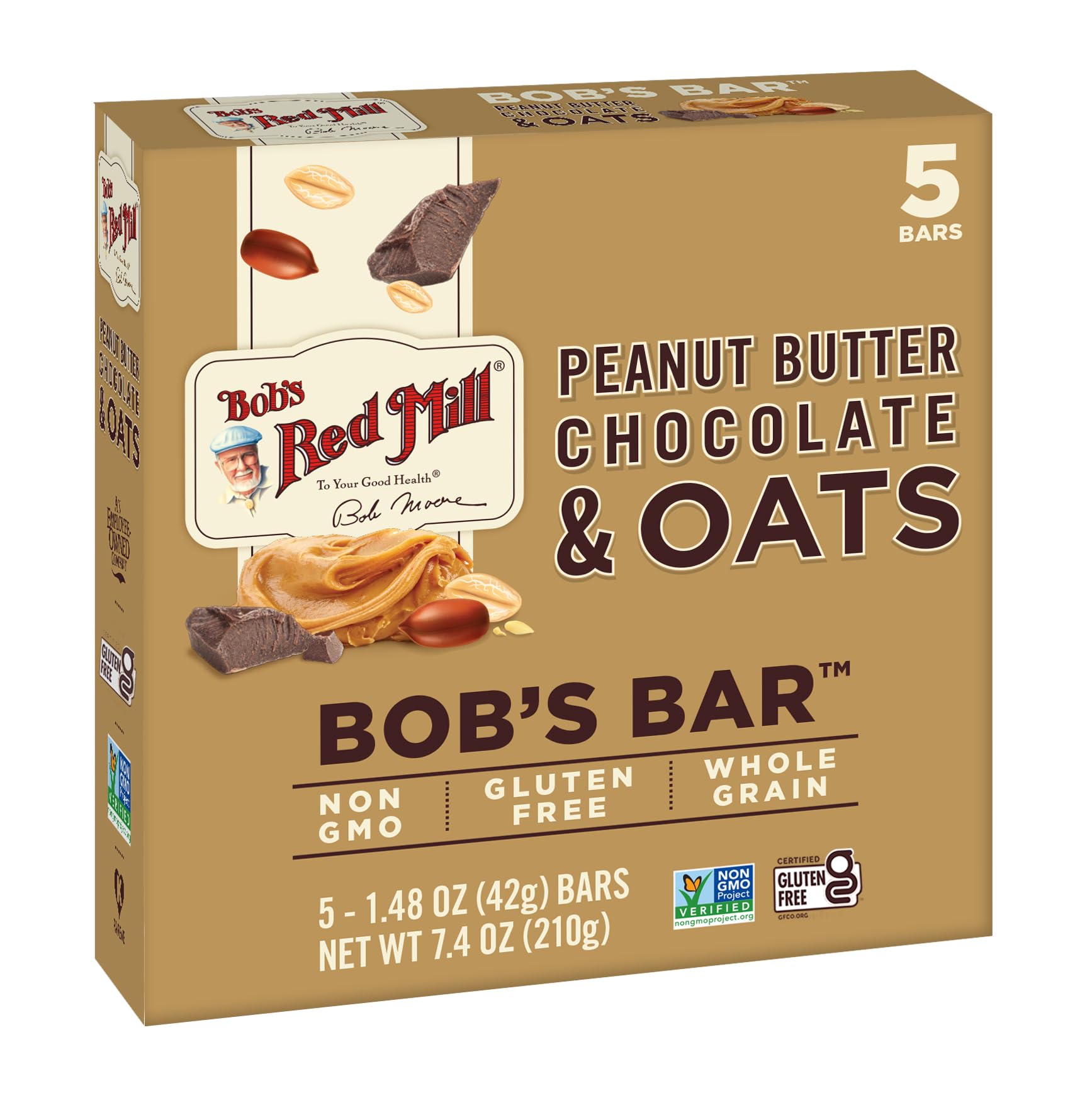 Bobs Red Mill PB Chocolate & Oats Bar - Non GMO, Gluten Free, Kosher, 5 Count (Pack of 1)