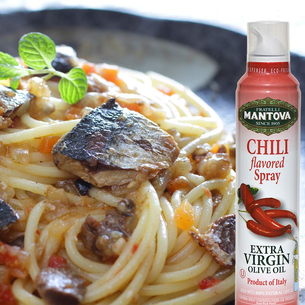 Mantova Extra Virgin Olive Oil Spray Chili Flavored 8 oz. Spray Bottle - Manage Oil Amount - Great For Salads & Cooking