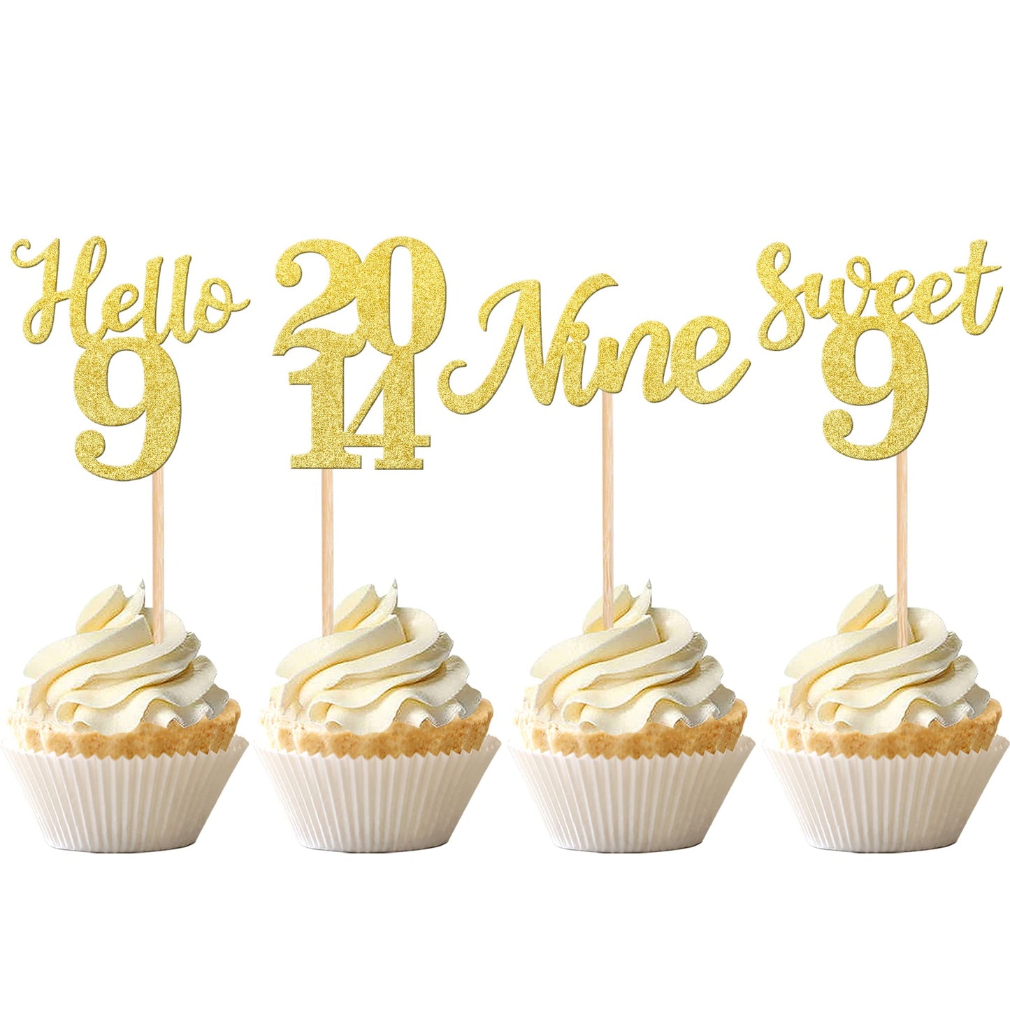 24 Pcs Glitter 9Th Birthday Cupcake Toppers Hello 9 Nine Cupcake Picks Sweet 9 Since 2014 Cupcake Topper For Happy 9Th Birthday