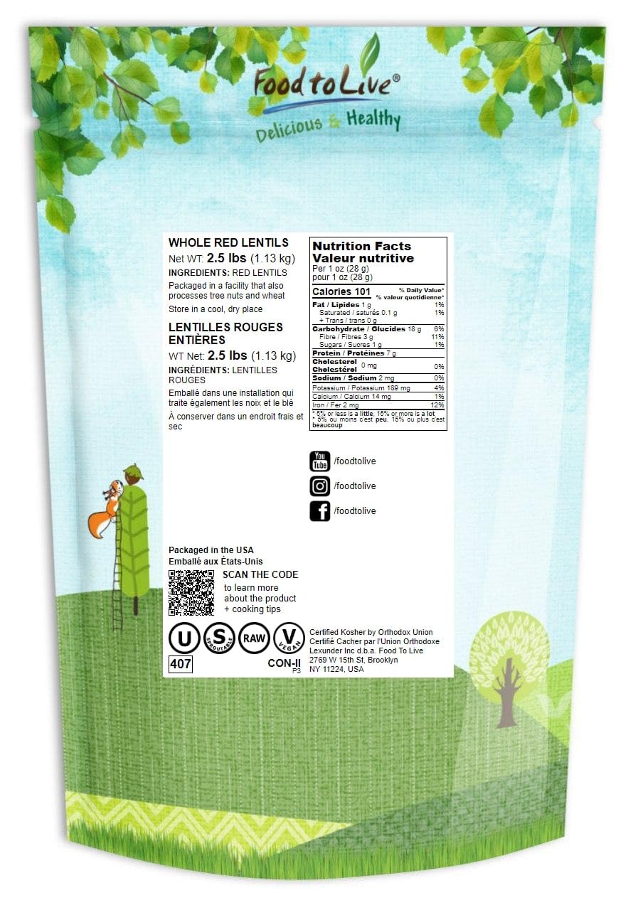 Food To Live - Whole Red Lentils, 2.5 Pounds - Dry Raw Lentils, Sproutable, Vegan, Kosher, Bulk. Quick-Cooking. Good Source Of D