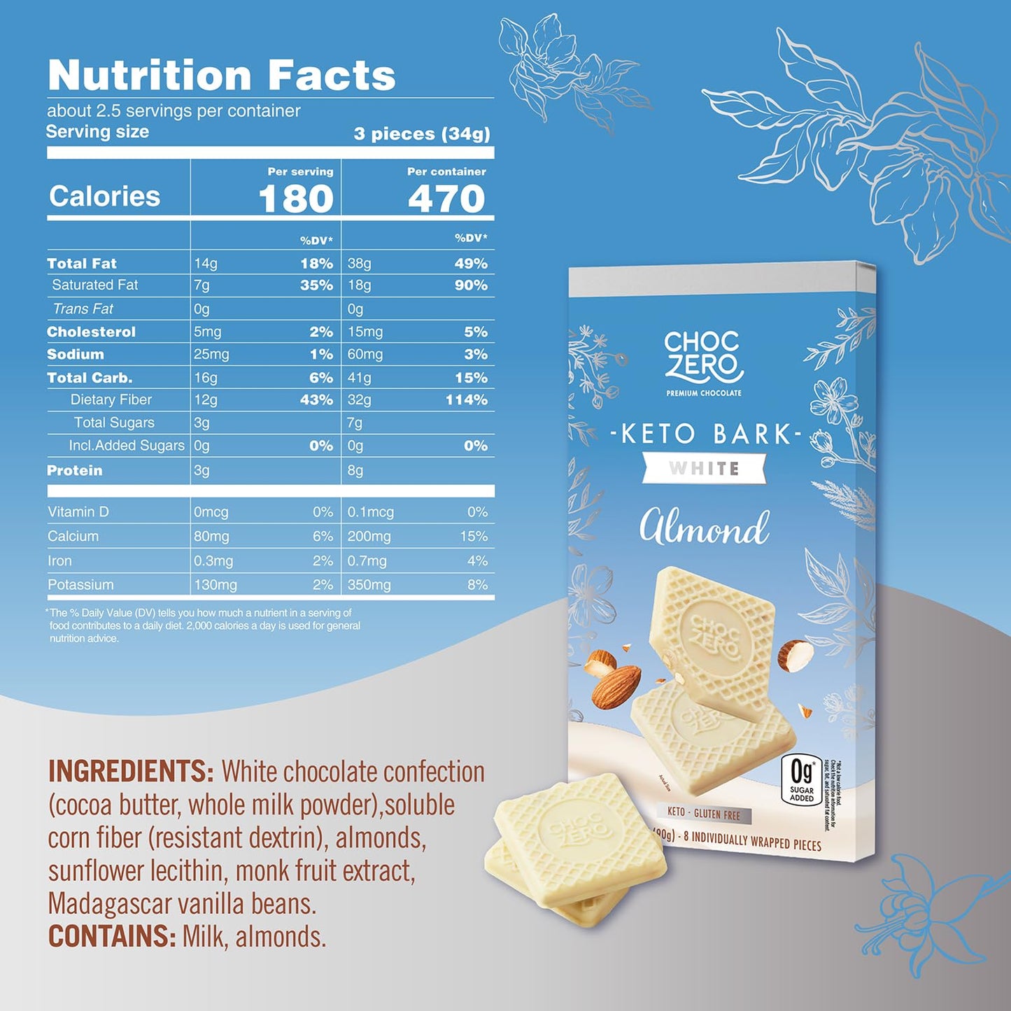 Choczero Keto Bark, White Chocolate Almond, No Added Sugar, High Fiber, Low Carb, No Sugar Alcohols, No Artificial Sweeteners, 3