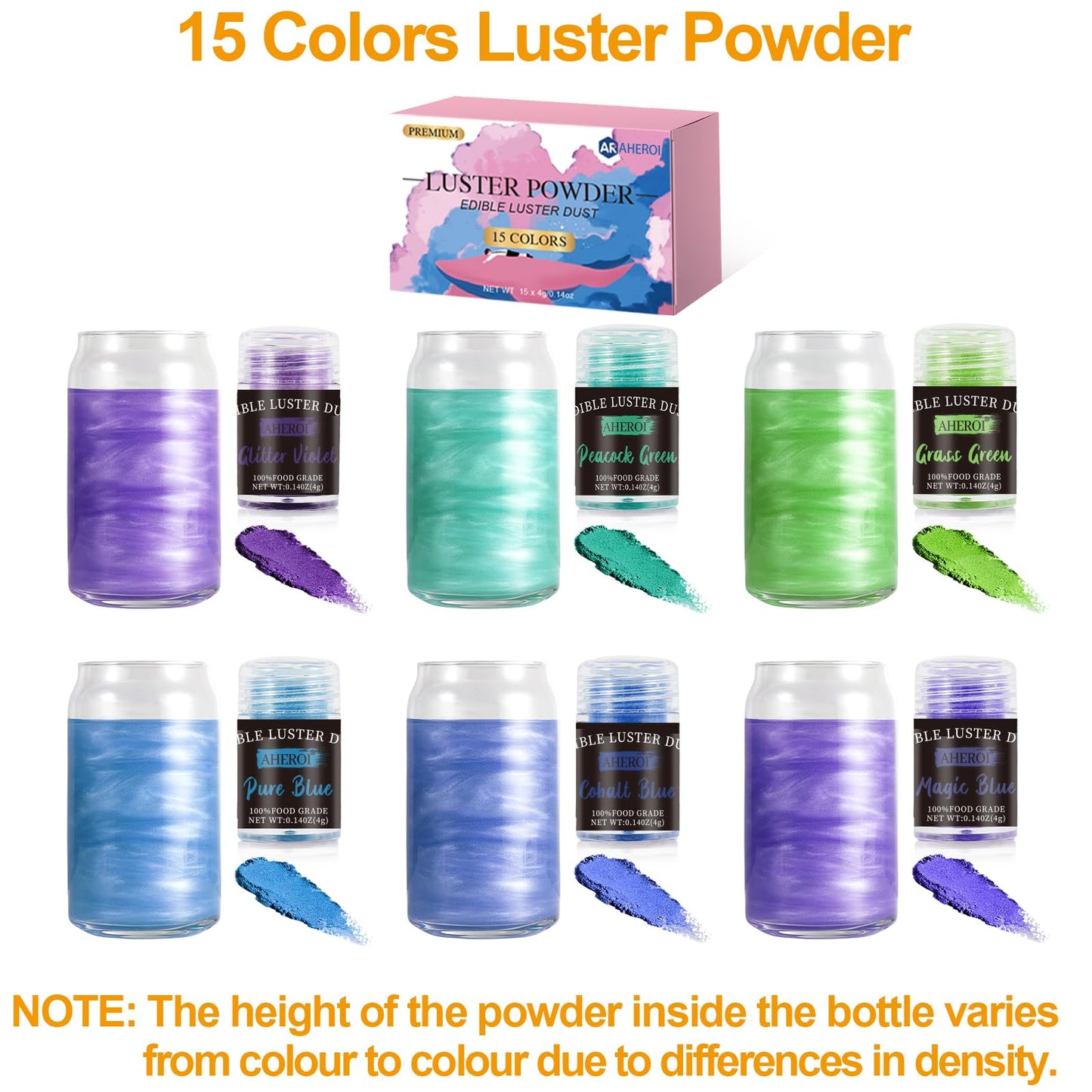 Aheroi Edible Glitter Set, 15 Colors Luster Dust, Shimmering Powder for Cakes, Cookies, 4g/0.14oz, Multicolor-Style2