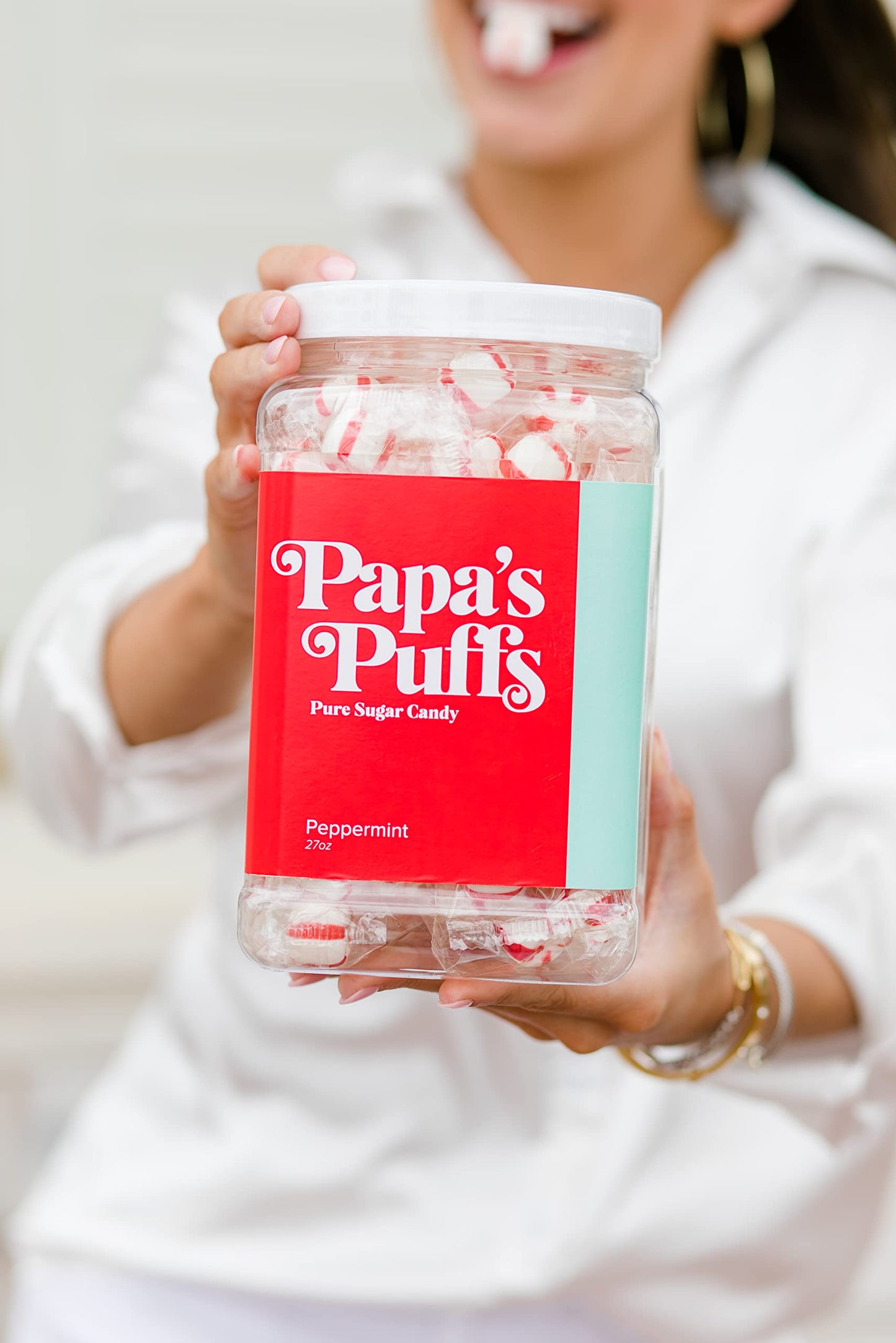Papa'S Puffs Peppermint Flavored Pure Sugar Candy - Individually Wrapped In Resealable Tub - Fat-Free, Gluten-Free, Cholesterol-