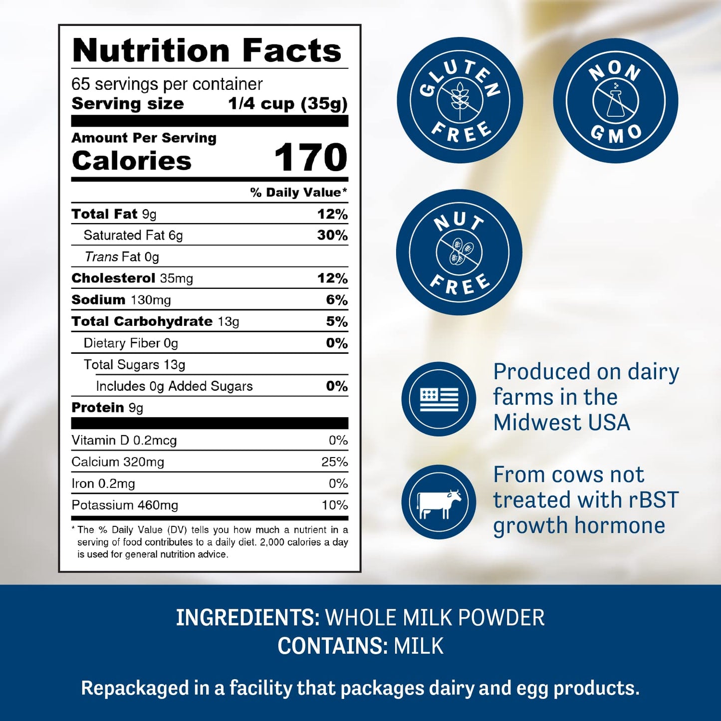 Judees Whole Milk Powder - Non-GMO, rBST  -Free, Gluten-Free - 5 lb