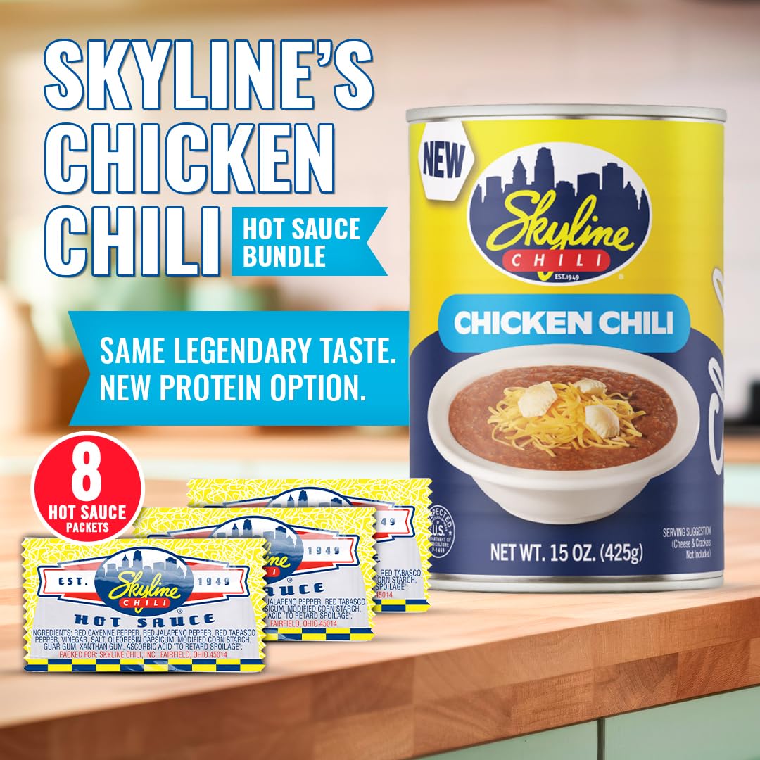 Skyline Chicken Chili Bundle - 4-Pack 15 oz Cans with 8 Packets of Skyline Chili Hot Sauce  Authentic Cincinnati Chili & Spicy Sauce Combo for Coneys  Spaghetti  Nachos & Low Carb Meals