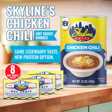Skyline Chicken Chili Bundle - 4-Pack 15 oz Cans with 8 Packets of Skyline Chili Hot Sauce  Authentic Cincinnati Chili & Spicy Sauce Combo for Coneys  Spaghetti  Nachos & Low Carb Meals