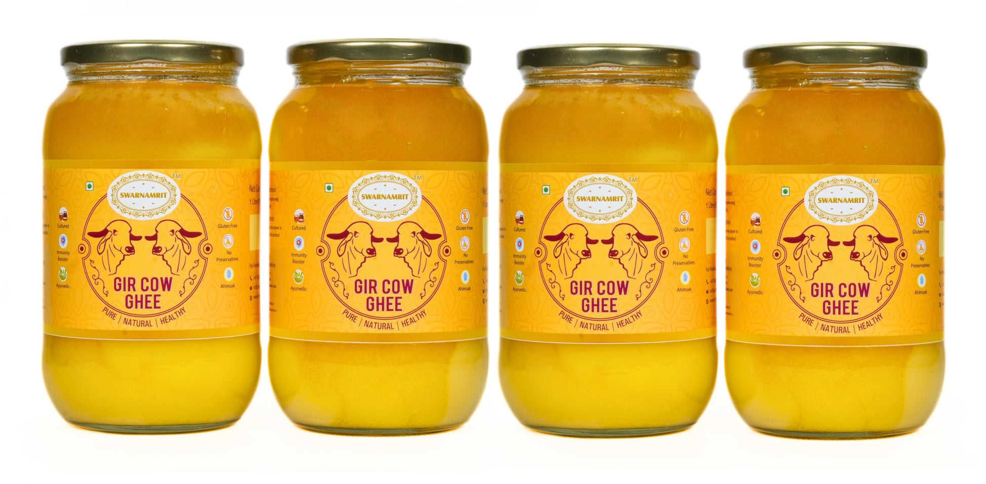 SWARNAMRIT A2 Desi Gir Cow Ghee Vedic Bilona Method Glass Jar Packaging (1 Litre X 4)