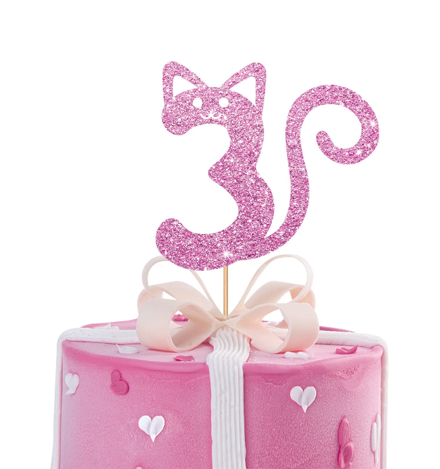 MINUET MINUTE Cat Three Cake Topper - Pink Glitter, Birthday Party Supplies for 3-Year-Old Girl