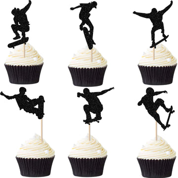 24 Pcs Skateboard Cupcake Toppers Black Glitter Skateboarding Cupcake Picks Sport Skating Theme Bachelorette Birthday Party Cake