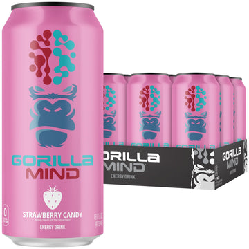 Gorilla Mind Energy Drink 12-Pack | Strawberry Candy | 200mg Caffeine, N-Acetyl-L-Tyrosine, Alpha-GPC, 0 Sugar