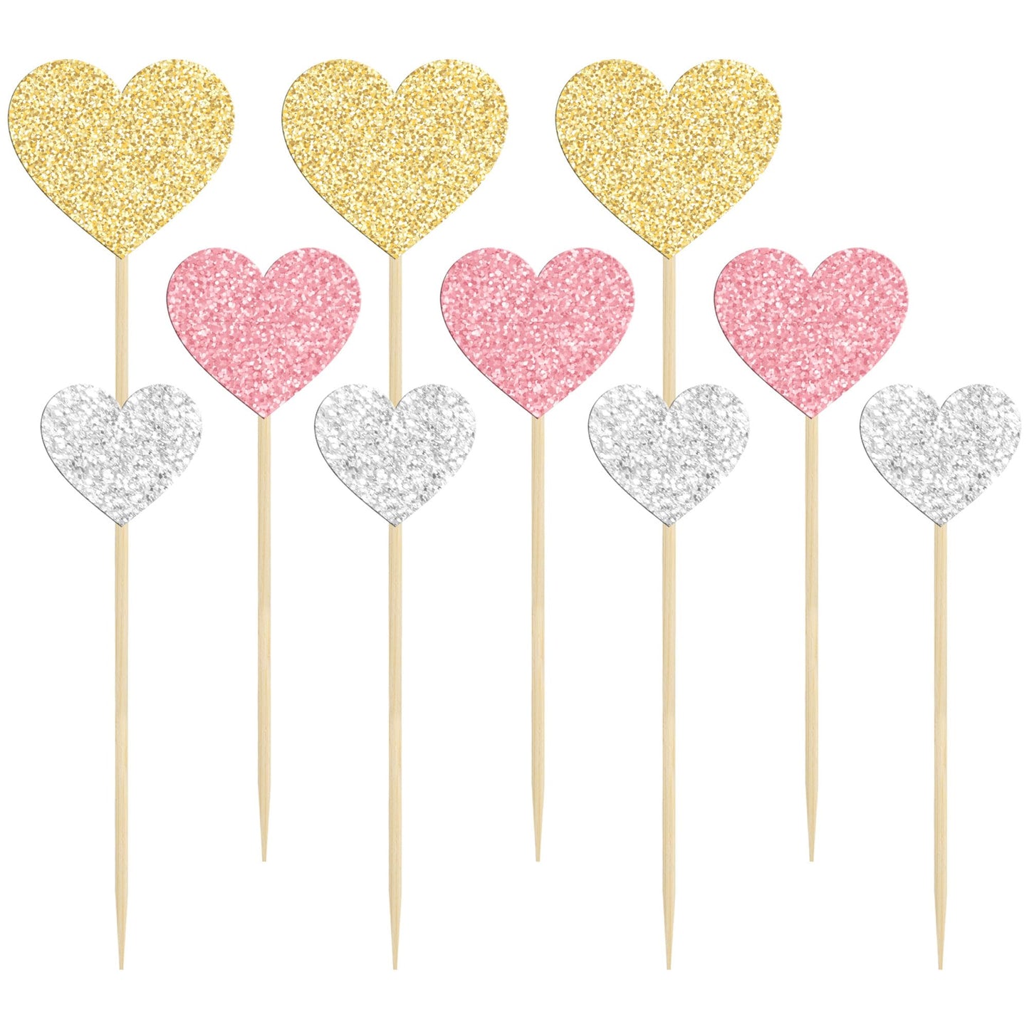 Gyufise Heart Cupcake Toppers, 30Pcs Glitter Picks for Valentines Day, Gold Pink Silver, Paper, Model ZN0555-MU1