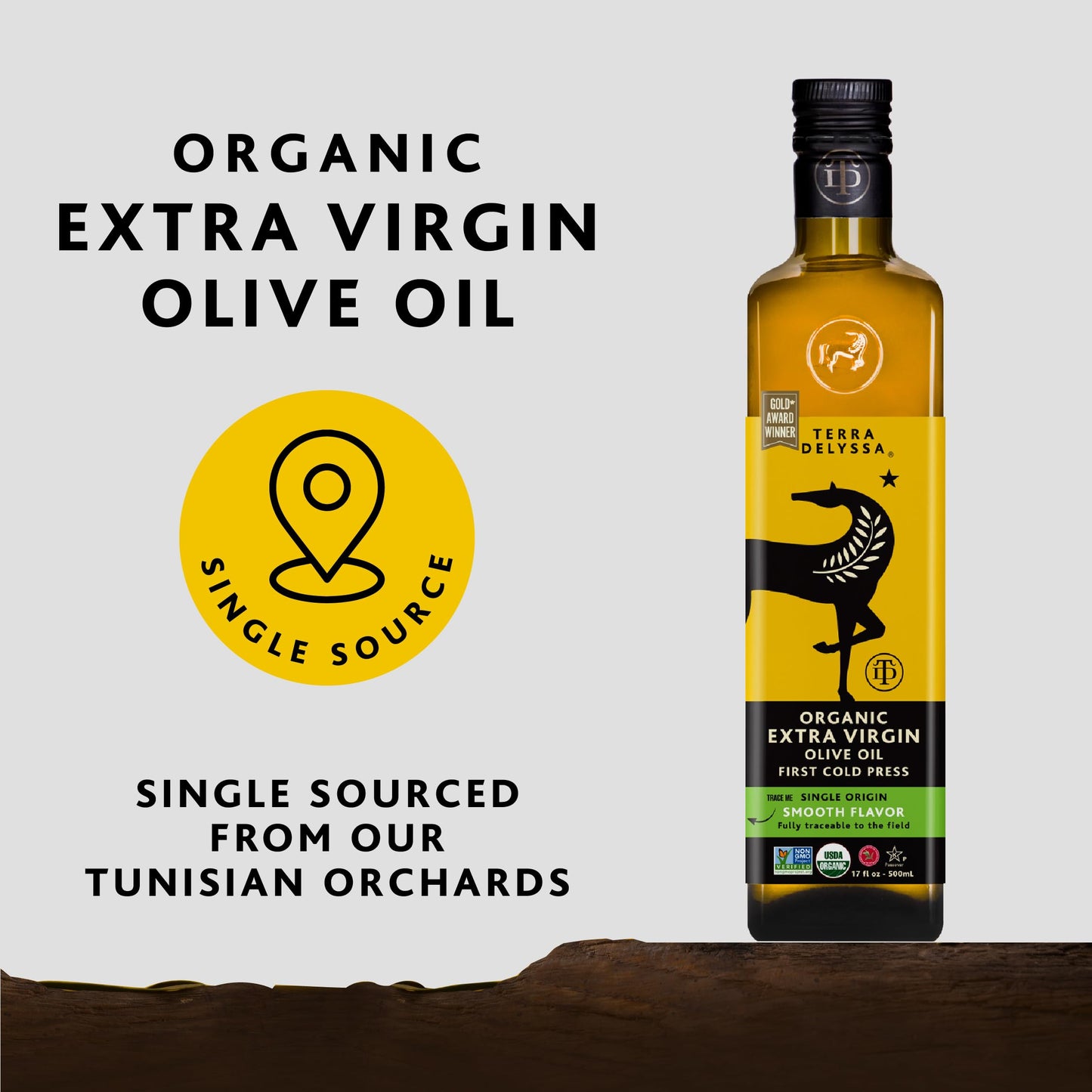 Terra Delyssa Organic Extra Virgin Olive Oil, 500 ML, First Cold Pressed, Non-GMO, Dark Glass Bottle