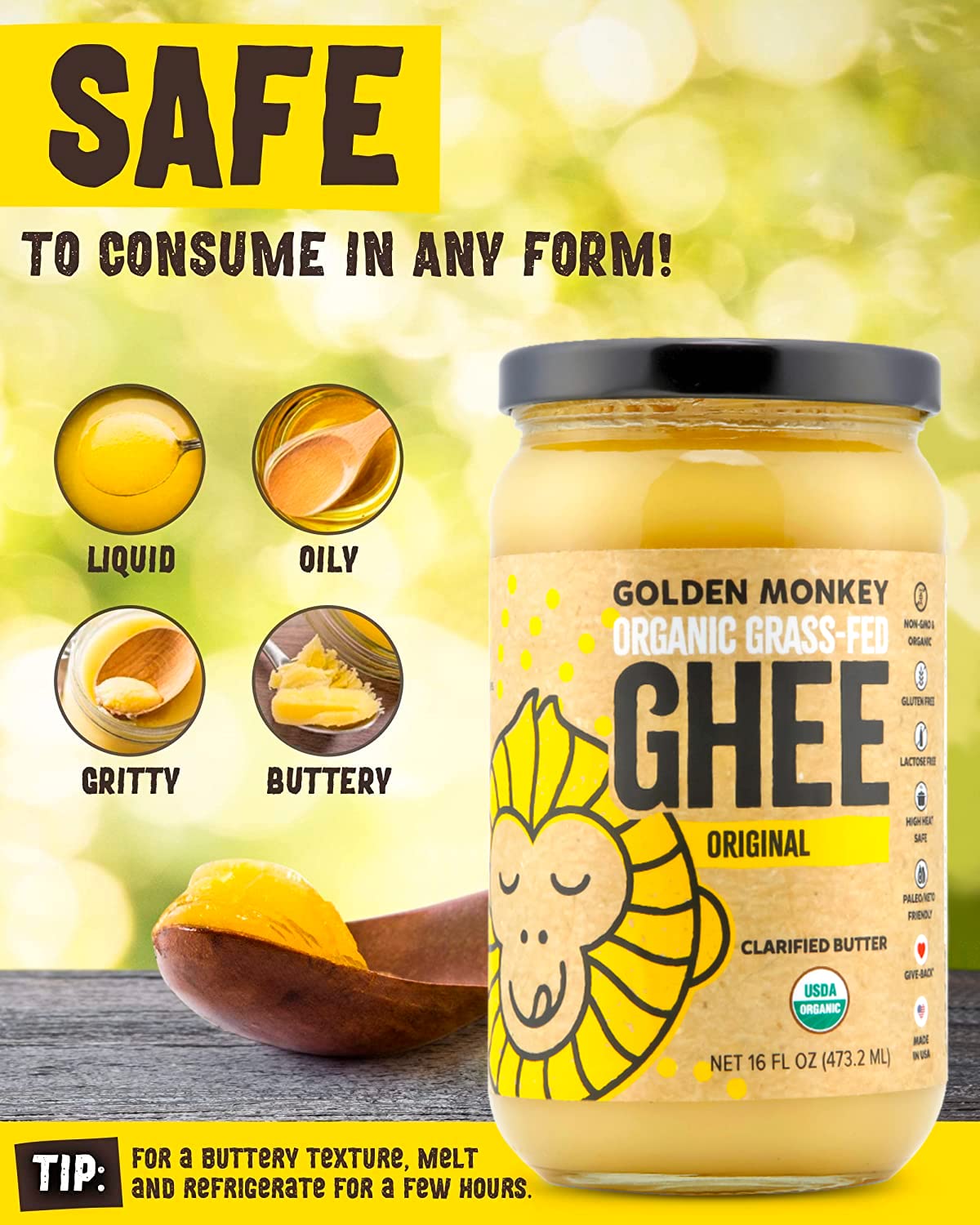 Organic Ghee Butter Grass Fed Clarified - 16 Oz Ghee Butter - Unsalted Butter Certified Organic Ghee Oil - Perfect For Paleo, Ke