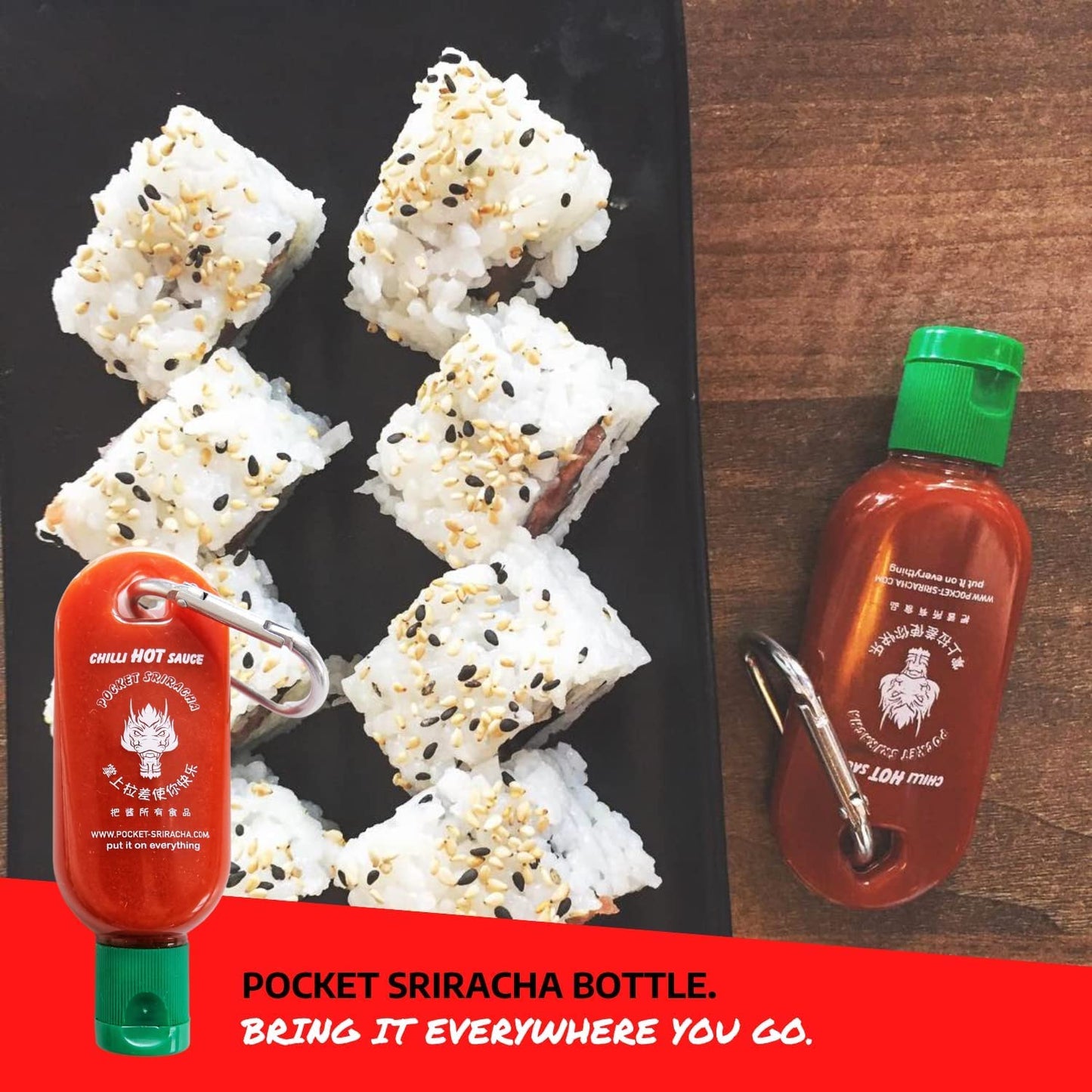 Pocket Sriracha Mini Hot Sauce Keyring Bottle - 3 Pack, Plastic, Great Gift for Sauce Lovers