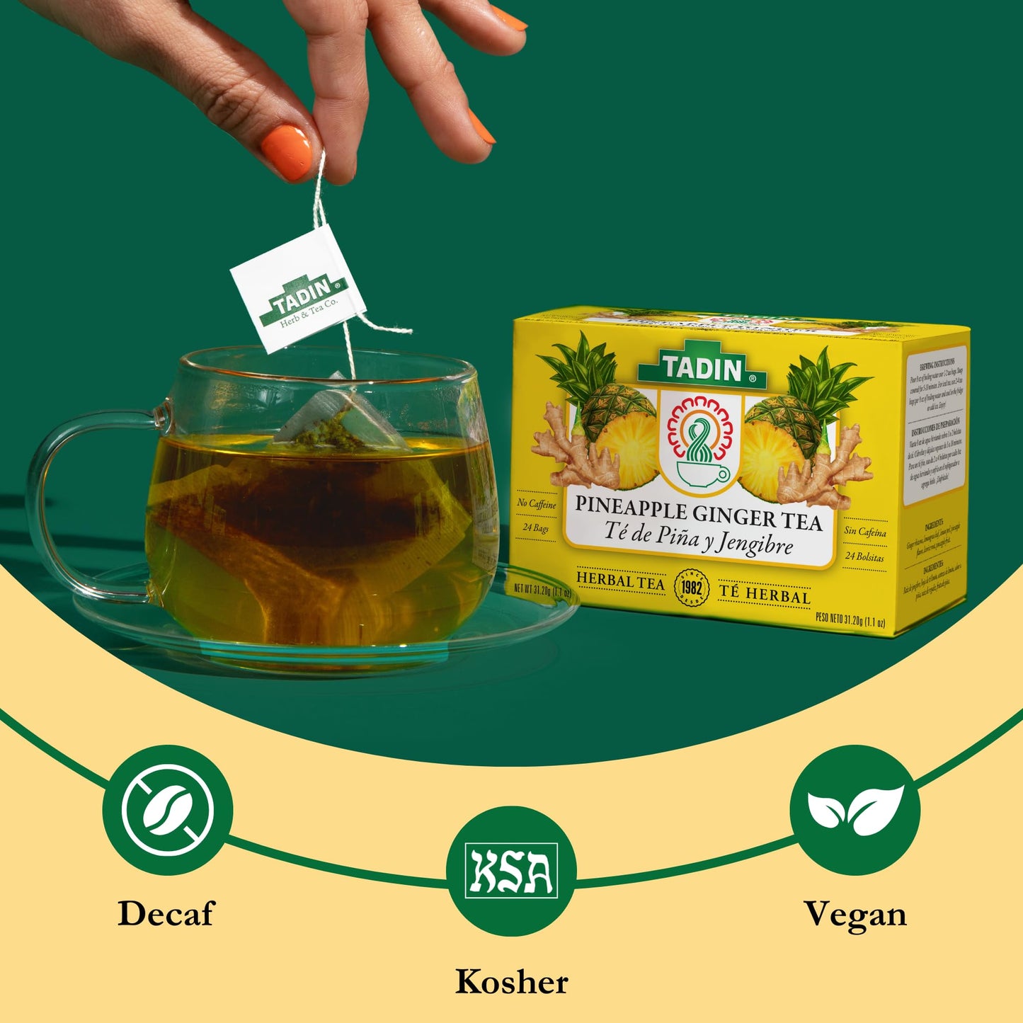 Tadin Pineapple Ginger Herbal Tea, Caffeine Free, 24 Bags, Pack of 6