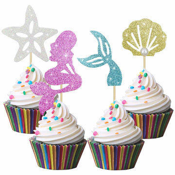 28 Pcs Glitter Mermaid Cupcake Toppers Mermaid Theme Birthday Party Supplies Under The Sea Party Favors Mermaid Starfish Shell M