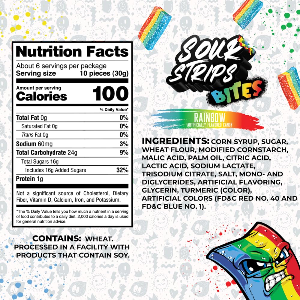 Sour Strips Bites Flavored Sour Candy Strips, Deliciously Sour Chewy Candy Belts, Vegetarian Candies, Bites 3-Pack