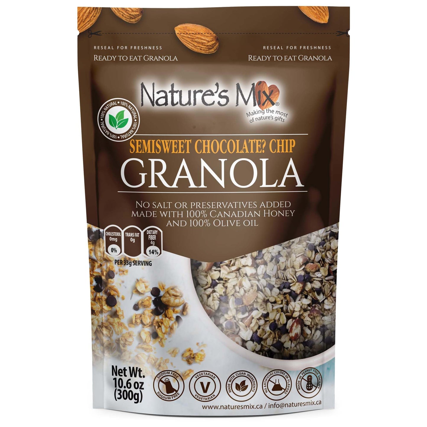 NatureS Mix - Chocolate Chip Granola - Almonds  Chocolate Chips  And Canadian Honey - Dairy And Soy Free - No Added Sugar Or Preservatives - Small