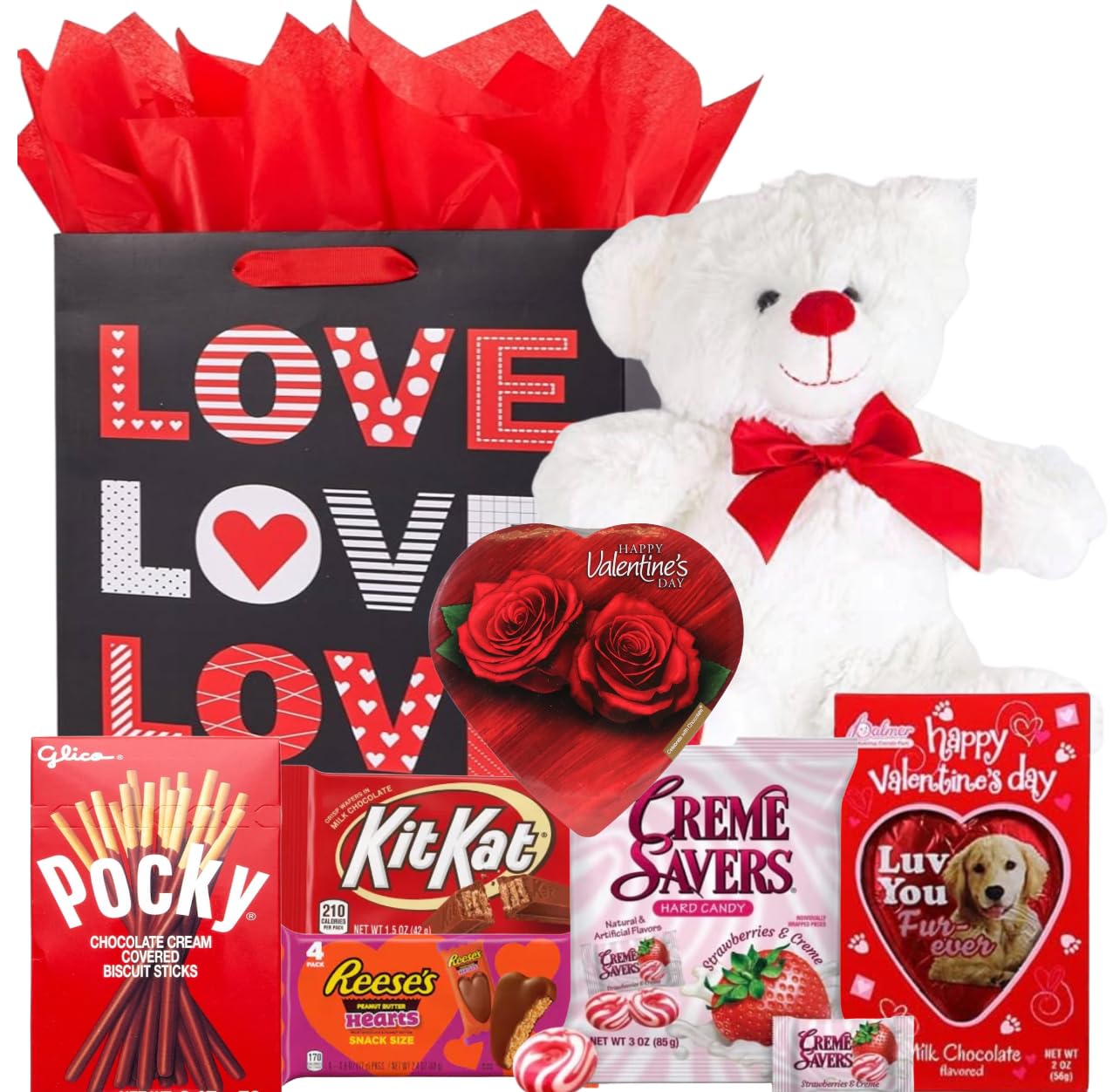 Valentines Day Gift Basket Set | Teddy Bear Plush (Red Or White), Elmer Heart Chocolate, Milk Chocolate Bar, Kit Kat Chocolate B