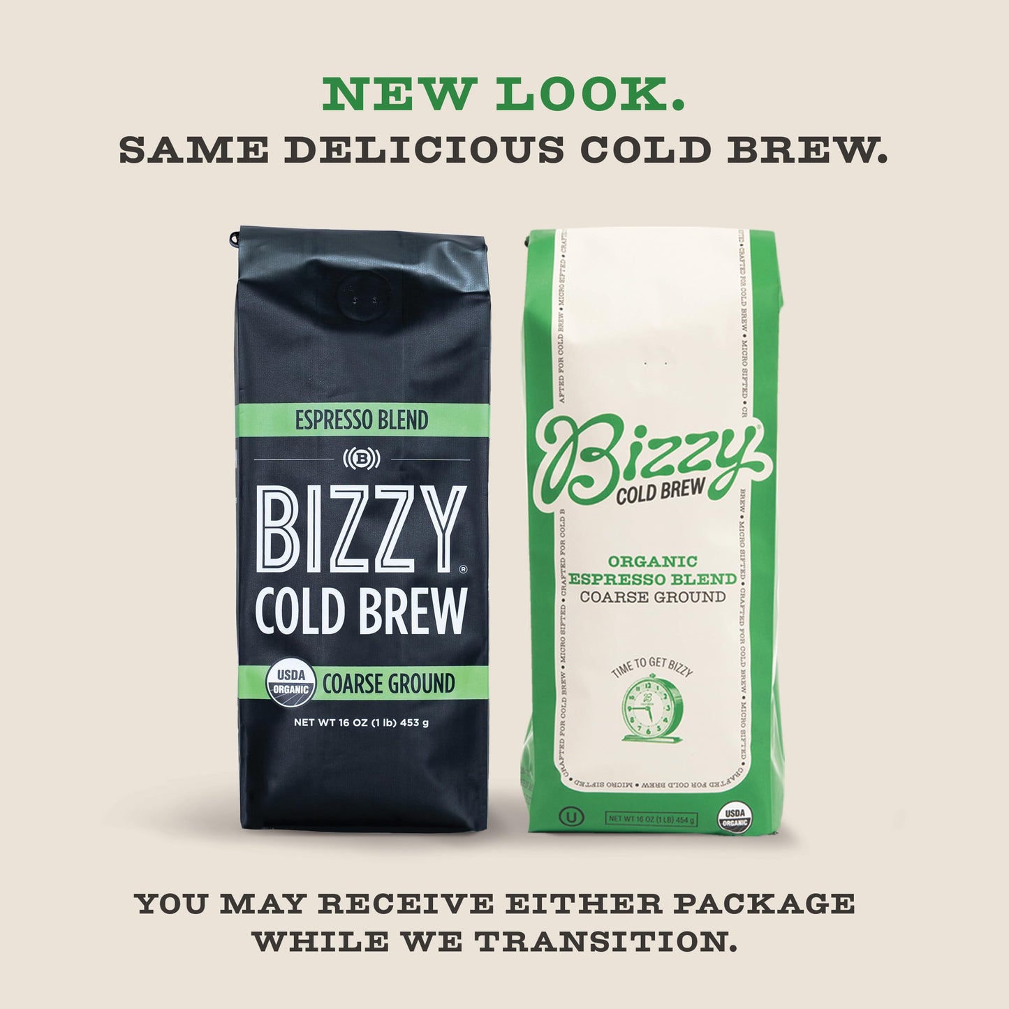 Bizzy Organic Cold Brew Coffee - Espresso Blend, Coarse Ground, 100% Arabica, 1 LB, Green