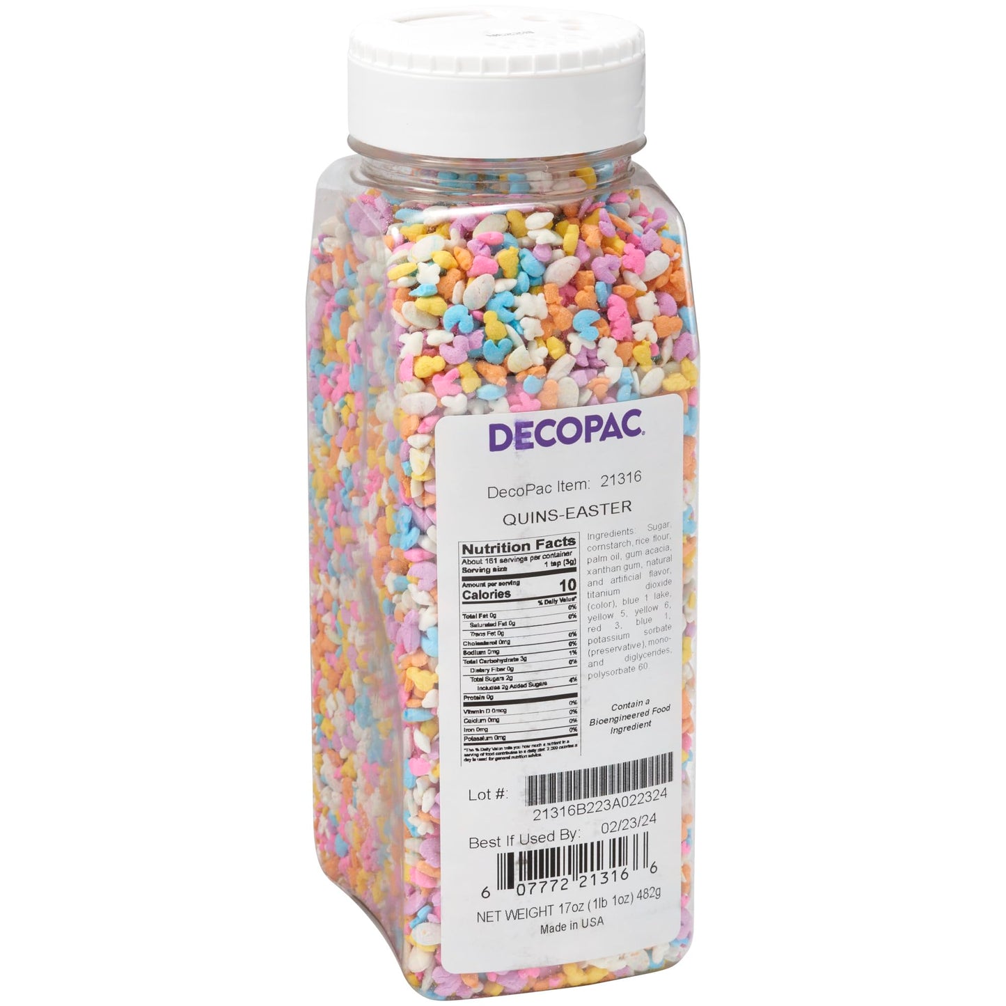 DECOPAC Deluxe Easter Quins, 17oz, Fancy Sprinkles Shaped Like Animals & Eggs, Candy Sprinkles in Handheld Container, Edible Spr