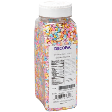 DECOPAC Deluxe Easter Quins, 17oz, Fancy Sprinkles Shaped Like Animals & Eggs, Candy Sprinkles in Handheld Container, Edible Spr