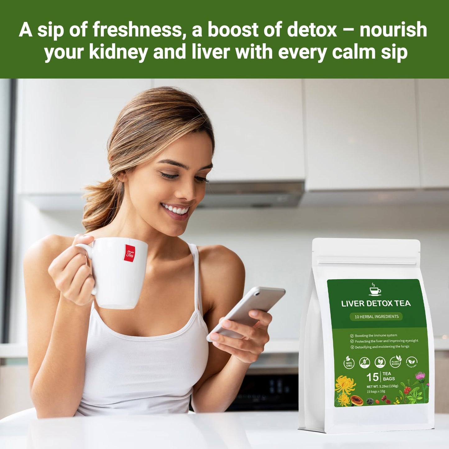 Liver Detox Tea  Chinese Kidney and Liver Cleanse Detox Herbal Tea Support Kidney Healthy Function with 11 Precious Ingredients Formula (15 Bags/1 Pack)