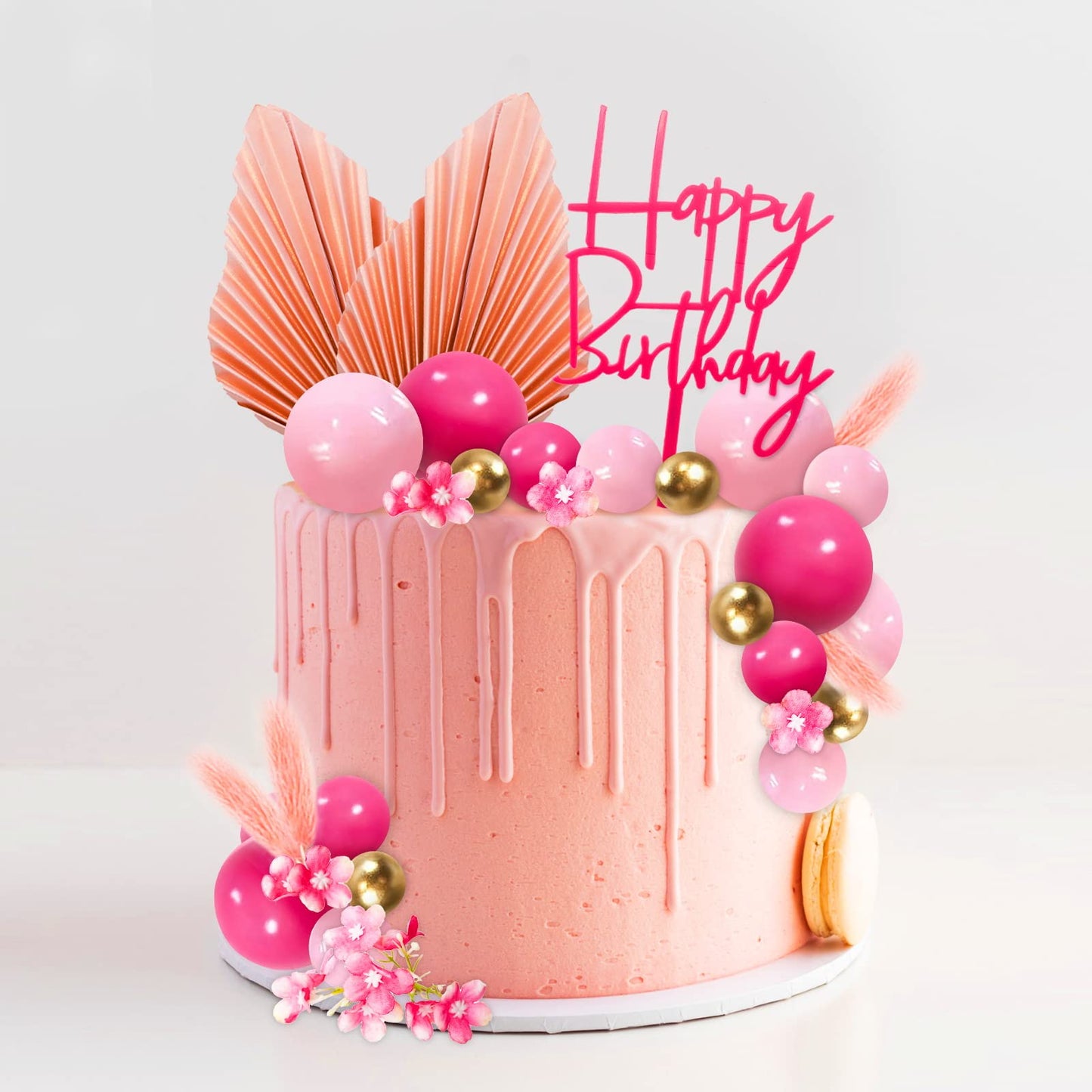 Memovan 29Pcs Flower Boho Cake Topper Ball Cake Decorations Hot Pink Gold Balls Palm Leaves Artificial Plants Cake Decor For Gir