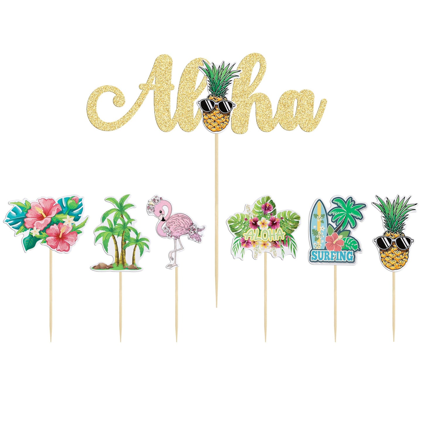 Gyufise 25Pcs Tropical Theme Cupcake Toppers With Aloha Cake Topper Palm Tree Turtle Leaves Flamingo Pineapple Cupcake Picks For