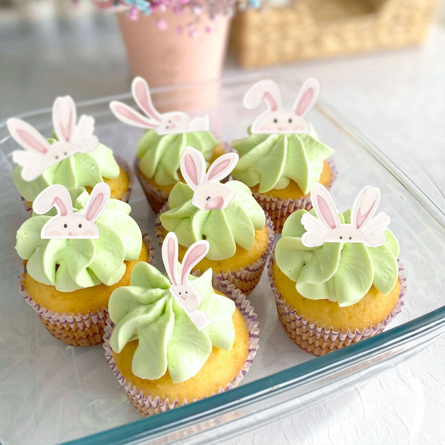40Pack Edible Happy Easter Cupcake Toppers For Rabbit Ears Bunny Party Decorations Drink Topper Cake Food Decor Appetizers Tooth