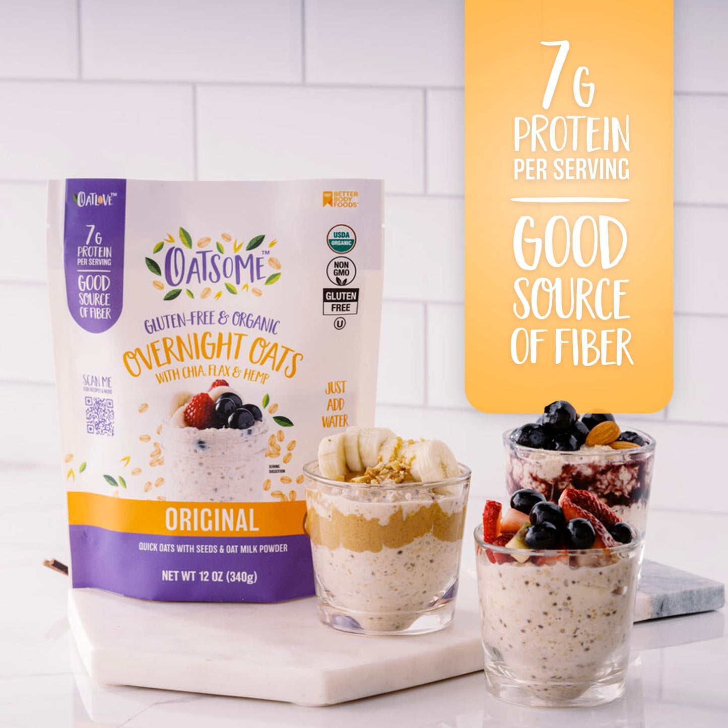 Oatsome Organic Overnight Oats with Chia, Flax, & Hemp, Gluten-Free Oatmeal with 7g of Protein, 2.5 lb Bag